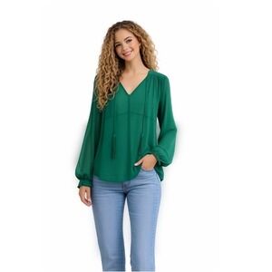 Line & Dot Green Blouse V-Neck Ruffle Sleeve Tassel Tie Sheer XS‎